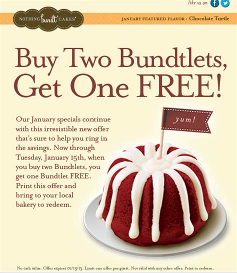 com all (13) promo codes (1) deals (12) free shipping (1) up to 30% off. . Nothing bundt cakes promo code